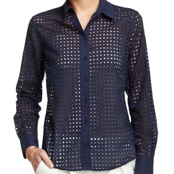 Equipment Peacoat Navy Brett Clean Contrast Oversized Eyelet Button Shirt XS NEW - Picture 1 of 7